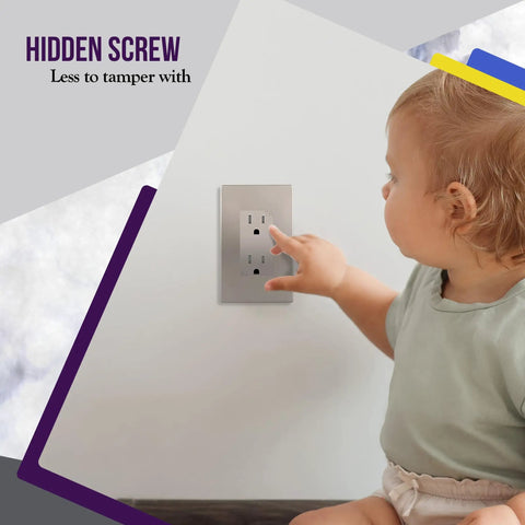 Child touching Glossy Screwless Decorator Wall Plate for 1 Gang Outlet, Kid Safe Nickel Finish, Ultra Durable Polycarbonate Thermoplastic Cover