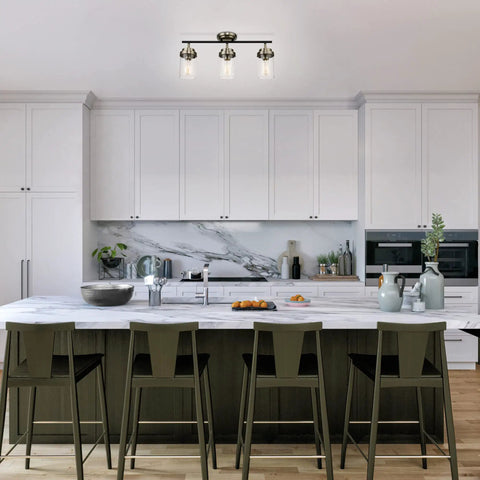 Vintage Vibe Three-Light Track Lighting Bar With Pivoting Heads in kitchen featuring matte black and antique brass finish.