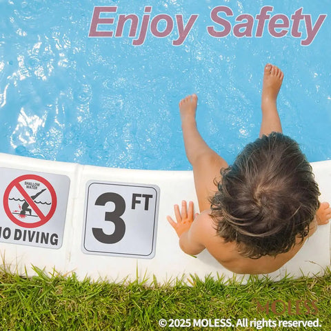 Child by pool edge with 3Ft Pool Depth Marker Stickers 6x6 Inch Anti Slip Vinyl Signs For Pool Safety Adhesive Depth Markers