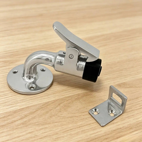 Top Notch Marine Door Stopper With 90 Degree Holder And Rubber Tip For Boats Rvs Campers To Keep Doors Locked Stable Using Durable Stainless Steel. Metal door holder with rubber tip and mounting plate.