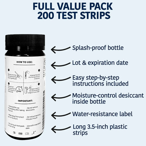 Food Service Chlorine Test Strips 0-500 Ppm Value Pack bottle, 200 test strips, 3.5-inch plastic strips, splash-proof label