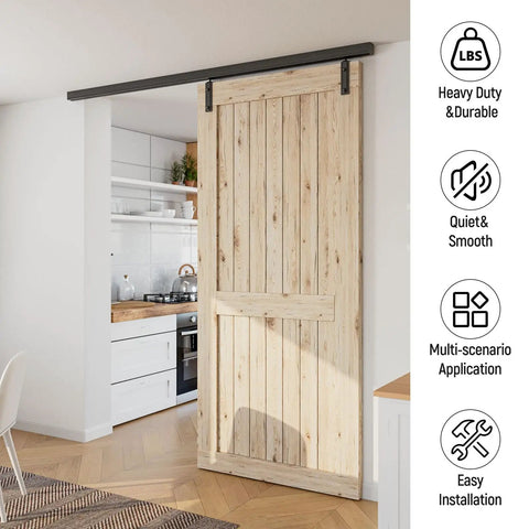 8Ft Ceiling Mount Box Rail Barn Door Hardware Kit With Heavy Duty Aluminum Sliding Track And Matte Black Finish in modern kitchen setting.