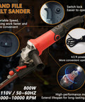 Heavy Duty 6 Speed Variable Speed Belt Sander 10000 RPM shown with control features, switch lock, and 4.5 ft power cord.