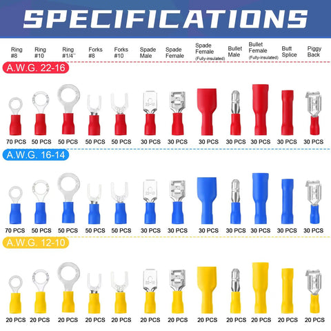 Image showing 1200 Pcs Cold Shrink Insulated Electrical Wire Connectors Kit With Butt Ring Spade Fork Quick Disconnect Terminals In Red Blue Yellow Color Codes