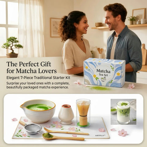 7 Piece Matcha Kit For Beginners With Ceramic Bowl Bamboo Whisk Ceramic Holder Sifter Chashaku Scoop Bamboo Spoon And Tea Towel Perfect For Home Brew, Latte Vibes And Gift Ideas displayed in a kitchen scene