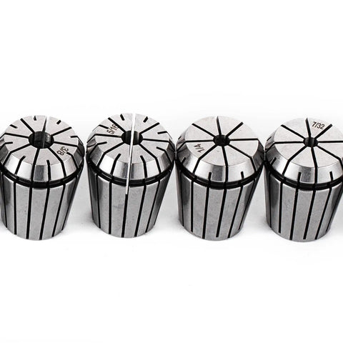 Battle Ready Cnc Cat40 Collet Set With Er32 And Er16 Tooling Kit, close-up of four precision steel collets, sizes marked at top.