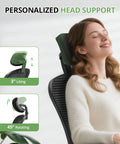 Woman using ergonomic desk chair for long hours with high back and plush lumbar support, flip up armrests, rolling swivel, black, 330 lbs capacity