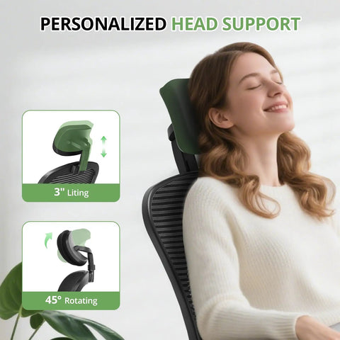 Woman using ergonomic desk chair for long hours with high back and plush lumbar support, flip up armrests, rolling swivel, black, 330 lbs capacity