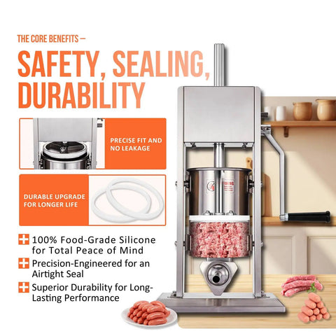 Leakproof Sausage Stuffer Gasket Seal Replacement Kit For 3, 5, And 7 Liter Vertical Or Horizontal Sausage Makers displayed with a sausage maker in a kitchen setting.