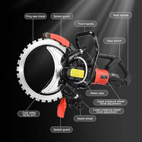 Heavy Duty Concrete Ring Saw With Massive 11 Inch Cut Depth And Commercial Diamond Blade showing ring saw blade and controls.