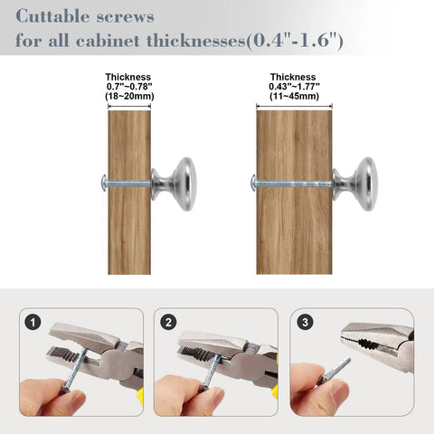 Diagram of Brushed Nickel Cabinet Knobs 30 Pack with cuttable screws for different cabinet thicknesses, including installation steps.