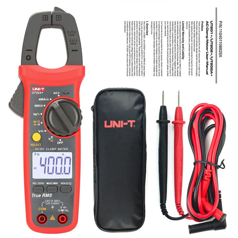 UT203 Digital Clamp Meter For AC And DC Current, True RMS, Auto Range, with probes and carrying case