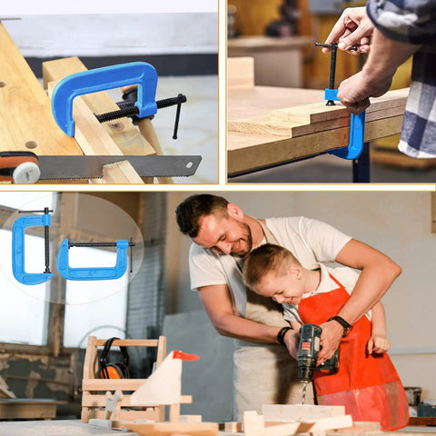Beefy 4 Inch C Clamps Set, Malleable Iron G Clamps For Woodworking And Metalworking, shown in use in workshop settings.