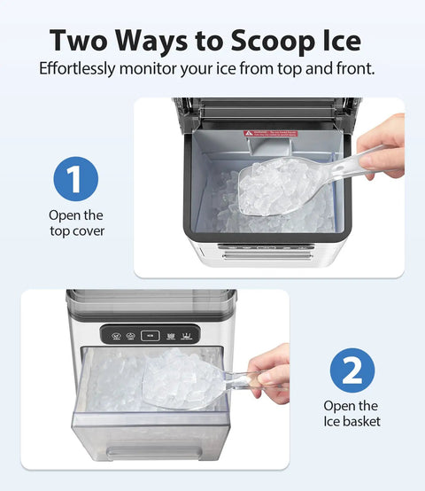 Two ways to scoop ice from Dope Nugget Ice Maker 40 Lbs Per Day Countertop Ice Machine with transparent scoop and basket