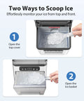 Countertop Nugget Ice Maker Drops Forty Pounds Daily, Serves Chewable Pellet Ice In Minutes, showing two ways to scoop ice from the top and front.