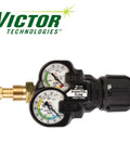 Victor EDGE 2.0 inert gas argon regulator with dual gauges, brass inlet, black body.