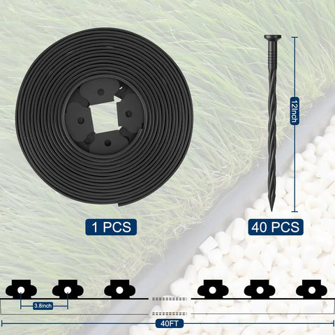 Black 40 Ft Landscape Edging Border Kit With 40 Spikes, 2 Inch High Lawn Edge, flexible recycled plastic on grass