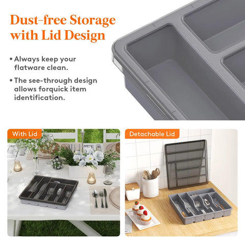 Silverware Organizer With Lid for Drawer and Countertop, Dust-Proof Covered Utensil Tray Keeps Spoons Forks and Knives Neat