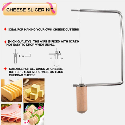 Top Shelf Cheese Slicer Hardware Kit With Stainless Steel Cutters And Beechwood Handles A Total Game Changer For DIY Artisan Boards And Sweet Kitchen Gift Set Of Two Pieces, showing a stainless steel cheese slicer.