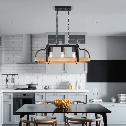 Three Light Metal Pot Hanging Chandelier With Wood Grain Finish Dope Rustic Farmhouse Ceiling Pendant for kitchen island