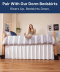 Dorm room with bed elevated on Durable Bed Risers For Dorm Rooms With 3 And 5 Inch Heights, Stackable To 8 Inches, supporting bedskirt.