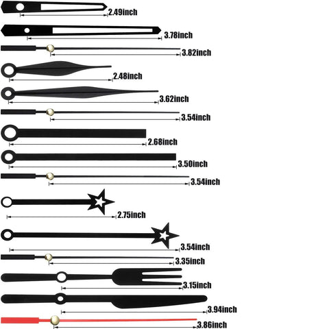 Black Clock Hands Replacement Kit With 14 Styles Aluminum Non Ticking Hands For DIY Clock Repair, 14 size options shown