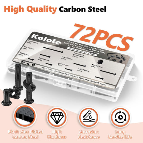72 Piece Crib Screws Hardware Replacement Kit For Baby Bed Frames, M6 Threaded Screws with Barrel Nuts, Black Zinc Carbon Steel