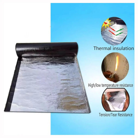 Grizzled Crew Approved Roof Patch Tape With Thick Bitumen Base And Cool Reflective Foil Self Adhesive Heavy Duty Weatherstripping Roll laid flat showing shiny silver surface and black backing.