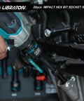 Impact Hex Bit Socket Set Half Inch Drive S2 Alloy Steel in use on automotive engine with 3-inch size detail