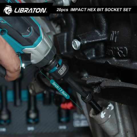 Impact Hex Bit Socket Set Half Inch Drive S2 Alloy Steel in use on automotive engine with 3-inch size detail