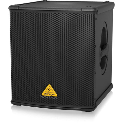 12 Inch Powered PA Subwoofer With Built In Stereo Crossover, black grille front view, 500 Watt Beast Of Bass For Live Sound