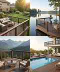 Pro Grade 120 Pack 26 Inch Square Aluminum Deck Balusters In Slick Black With No Sweat Adjustable Angle Connectors For Quick Level And Stair Railing On Wood Or Composite Backyard Decks view of stylish deck settings with railings and furniture
