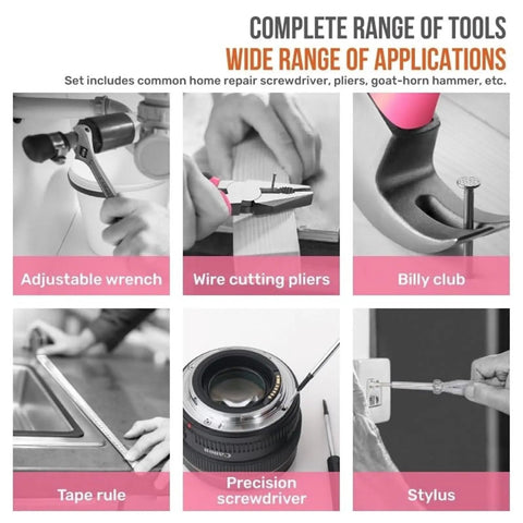 Pink Basic Tool Kit In A Portable Case featuring adjustable wrench, wire cutting pliers, billy club, tape rule, precision screwdriver, stylus