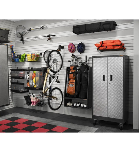 Garage wall with Advanced Bike Storage System V3 Claw For Garages Holds Up To 50 Lbs And Tires Up To 2.4 Inches Wide.