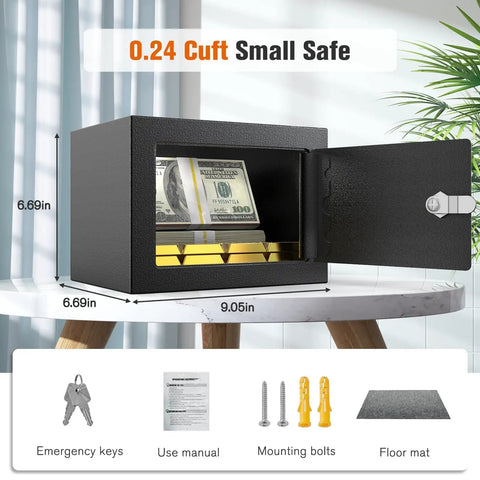 Small Safe Box With Key Lock And Coin Slot For Cash Jewelry And Coins Beefy Steel Security Deposit Box Open on Table 0.24 Cubic Feet
