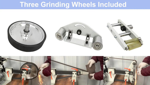 Three grinding wheels for Professional Variable Speed Belt Sander With 72 Inch Abrasive Belts And Extra Grinding Discs for effective knife sharpening.
