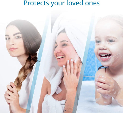 Three images showing a woman with braid, another woman smiling with towel, and a child in bath, emphasizing shower benefits.