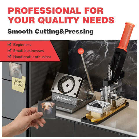 DIY Fridge Magnet Kit 2.5x2.5 Inch, 2-In-1 Magnet Maker And Cutter on countertop with sample magnets
