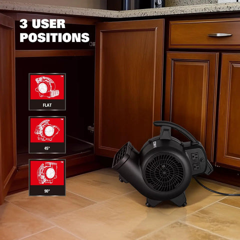 Pro Grade 950 CFM Air Mover With 3 Speed Settings And 3 Blow Angles showing 3 user positions under kitchen cabinet