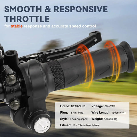 Full Twist Throttle With 2 Keys Plug And Play For Ridstar Q20 Series Waterproof Ebike Throttle Grip Kit, shown with lock and voltage details