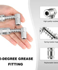 90 Degree Right Angle Grease Gun Coupler Adapter With Non Slip Grip And Sleeve in hand showing zinc-plated finish