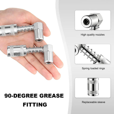 90 Degree Right Angle Grease Gun Coupler Adapter With Non Slip Grip And Sleeve in hand showing zinc-plated finish