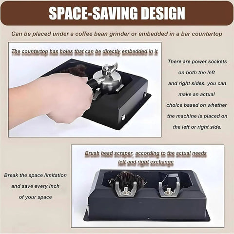 Space-saving electric portafilter cleaner showing a hand holding a 58mm portafilter on a black base with brushes.