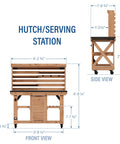 Front and side view of 48 Inch Cedar Wood Buffet Hutch Serving Station With Galvanized Steel Countertop, showing dimensions.
