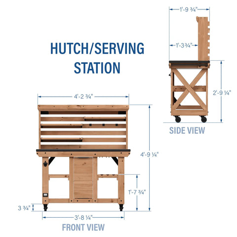 Front and side view of 48 Inch Cedar Wood Buffet Hutch Serving Station With Galvanized Steel Countertop, showing dimensions.