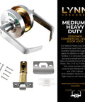 Heavy Duty Designer Commercial Lever Door Lock With Bathroom Privacy Indicator Vacant Occupied Sign Restroom Door Handle Satin Chrome Boss Grade Privacy Lock For Commercial Spaces shown with accessories and features.