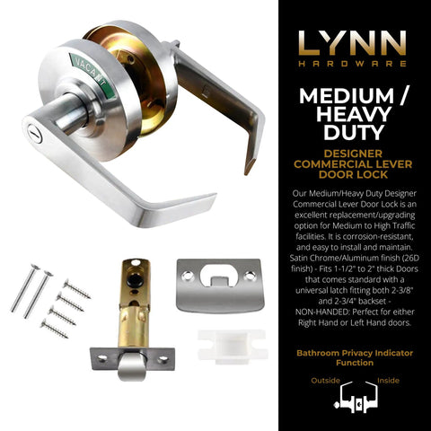 Heavy Duty Designer Commercial Lever Door Lock With Bathroom Privacy Indicator Vacant Occupied Sign Restroom Door Handle Satin Chrome Boss Grade Privacy Lock For Commercial Spaces shown with accessories and features.