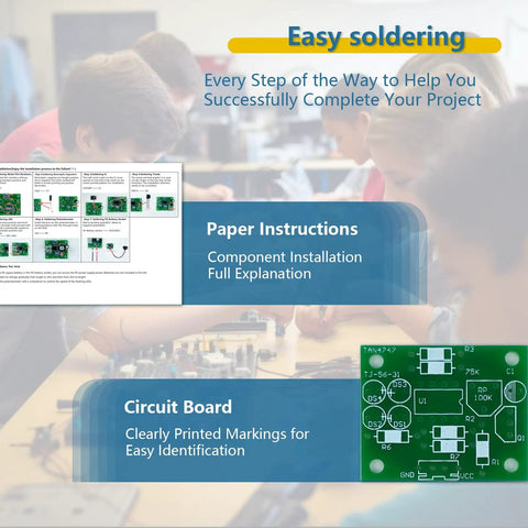 Breathing Light Soldering Practice Kit With LED Electronics Assembly instructions and circuit board on desk with students.