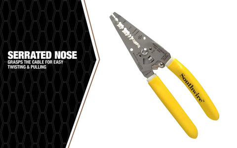 Romex Wire Stripper For 10/2 And 12/2 NM Cable with yellow handles and serrated nose for easy twisting and pulling