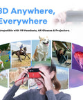 Viewer Integrated 3D VR Camera With 24MP Photos And 8K Stills, 4K60 Video, woman using camera with VR headset and action scenes displayed